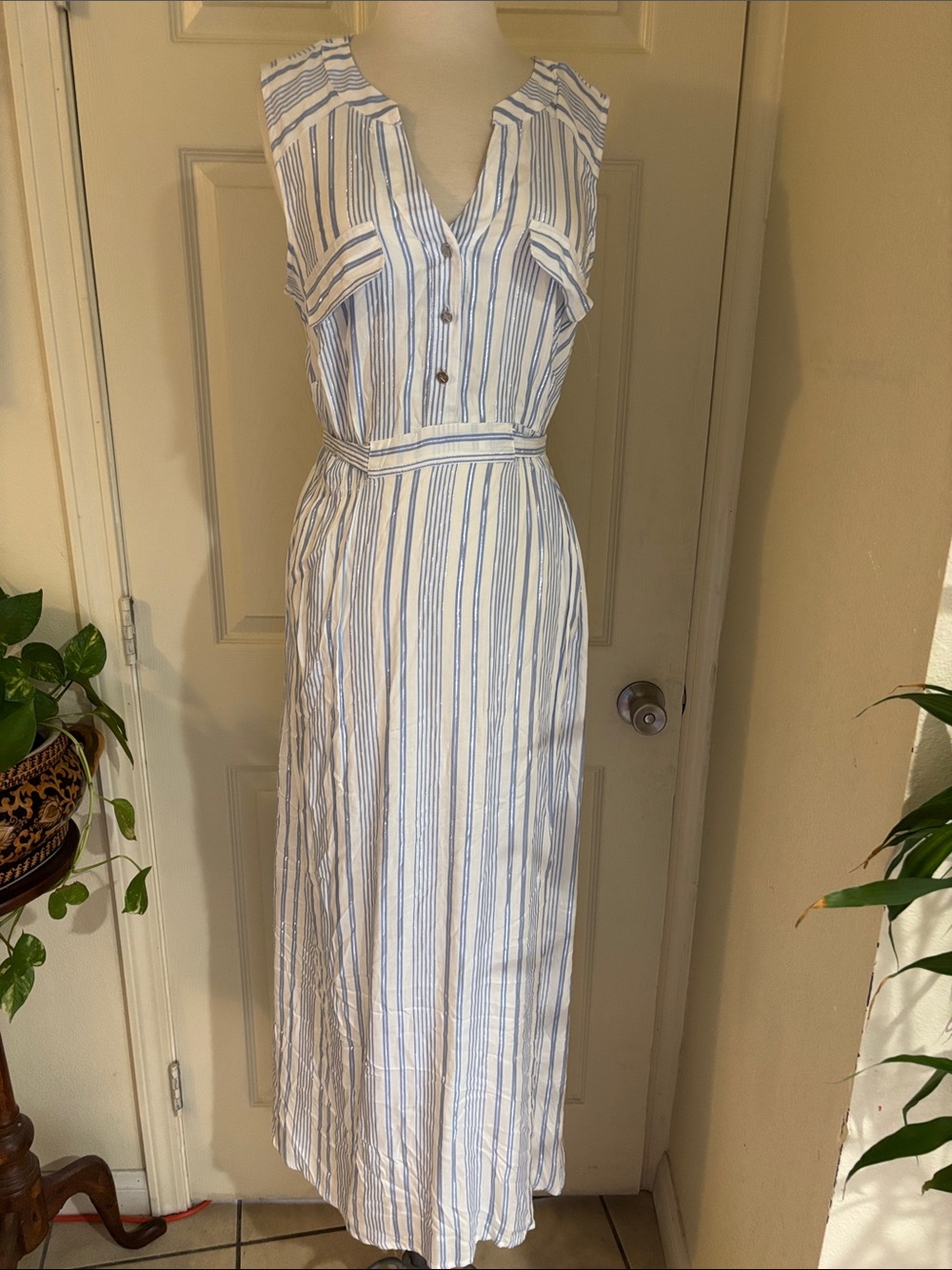 Lightweight Striped Sleeveless Maxi Dress - Blue/White metallic
